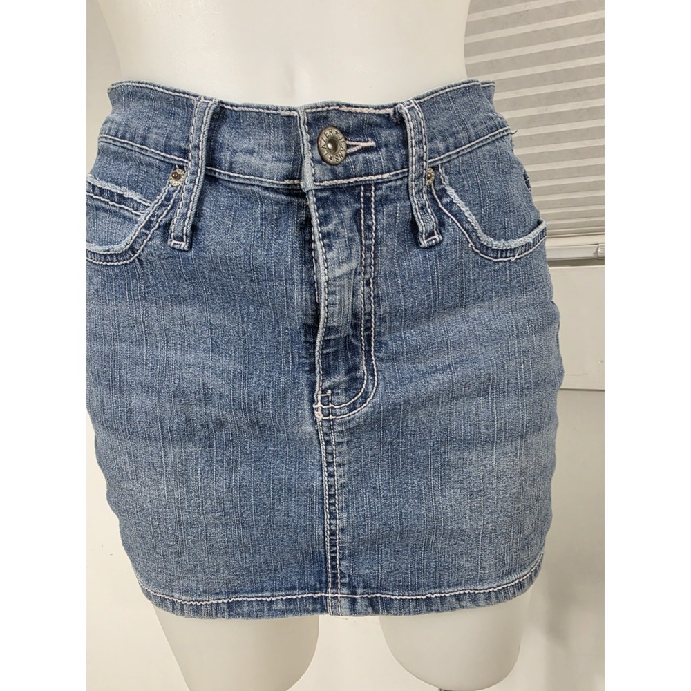 Vintage Y2K Lazer Jeans Denim Mini Skirt  5 Contrast Stitch Embroidered Woman